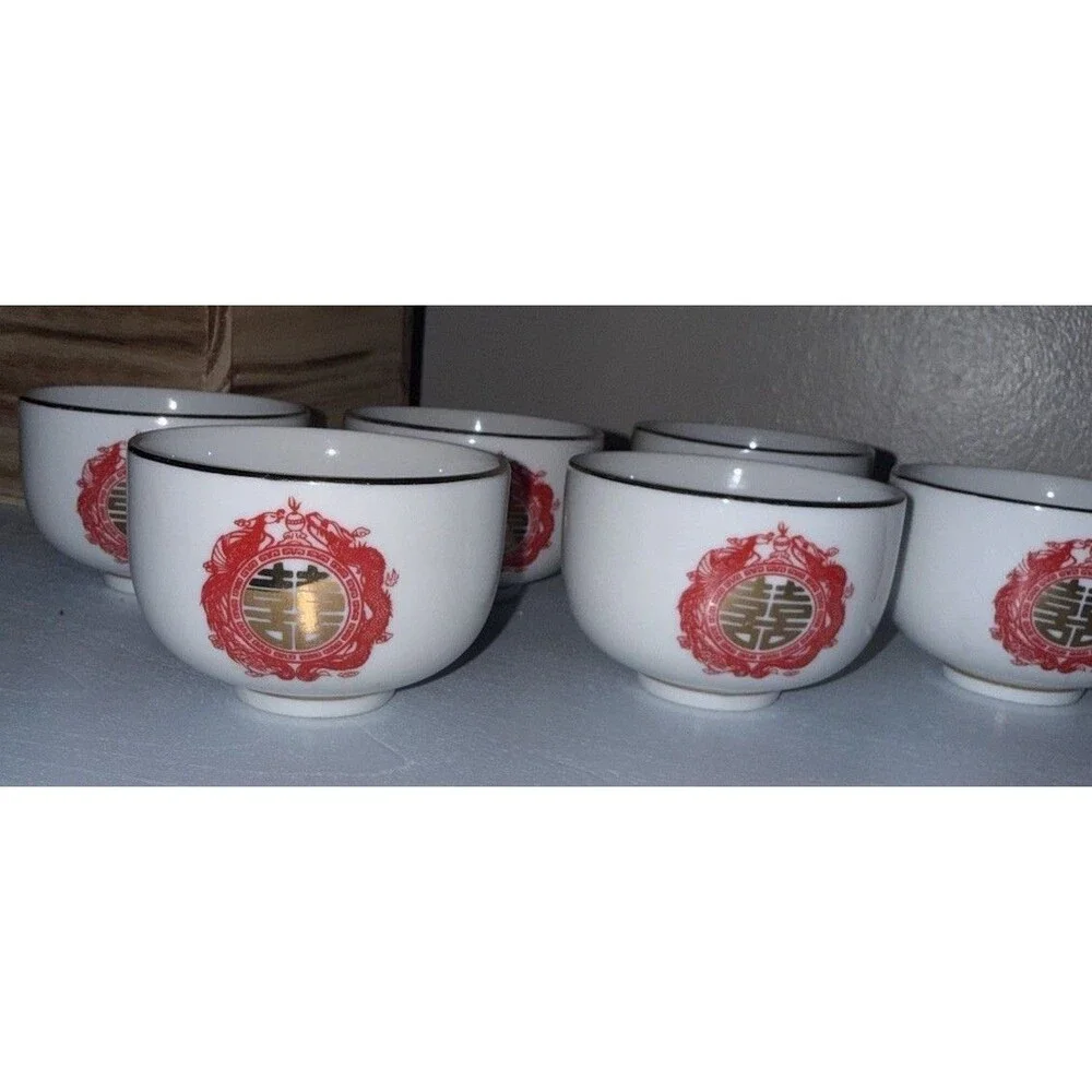 Vintage Chinese Double Happiness Tea Cups Set of 6 Red Gold Porcelain Asian Cups